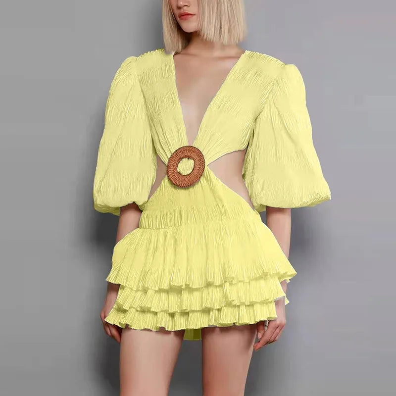 Summer New Women's Fashion Waistless A-line Short Dress Sexy Solid Color Deep V-neck Bubble Sleeve Waist Hollow Party Dress