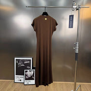 French retro round neck, short sleeve, high waist, straight dress with high-quality spliced metal pins