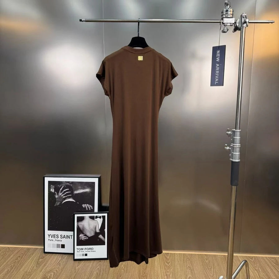 French retro round neck, short sleeve, high waist, straight dress with high-quality spliced metal pins