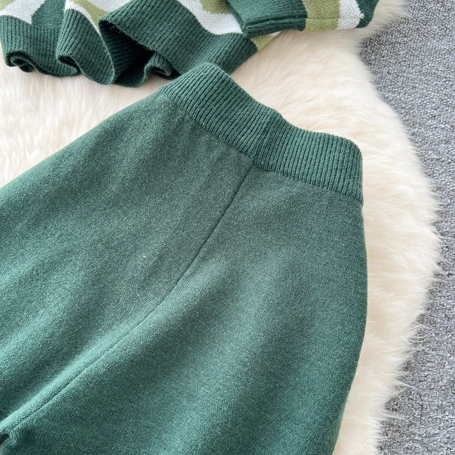 Casual Knitted Sets Ladies O Neck Loose Multicolor Tops+Basic Long Pants American Style High Quality Sweater Suits