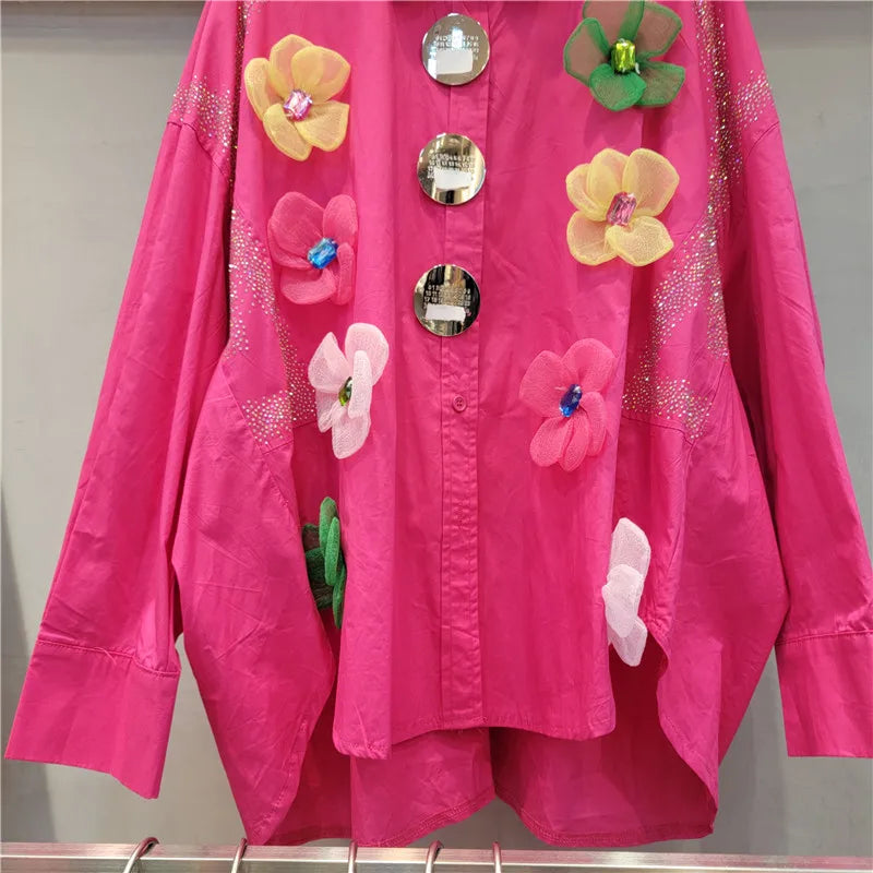 Long sleeve shirt with 3D flowers with high quality hot drilling