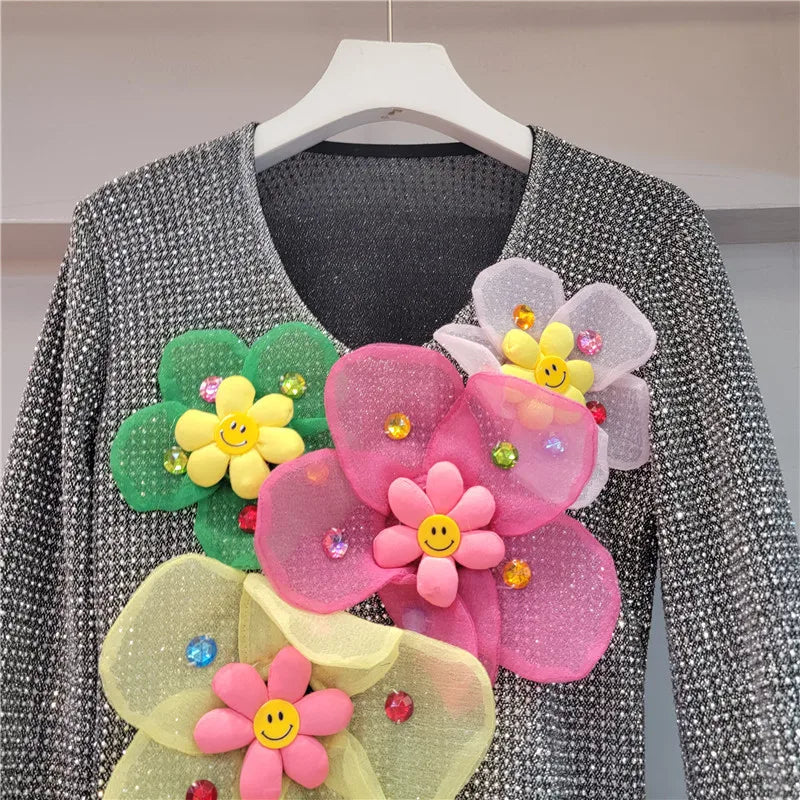 High Quality 3D Flower Diamond Round Neck Long Sleeve T-shirts