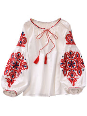 High Quality Lantern Sleeve V Neck Embroidery Shirt