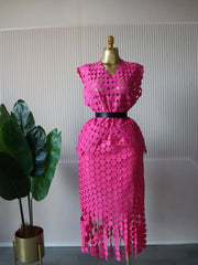 Women's two-piece set, featuring a round neck crop top and a long fitted midi skirt.