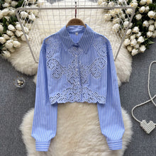 High quality long sleeve flower openwork design striped shirt