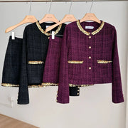Small fragrance female high-grade single-breasted short coat temperament high-waist skirt two-piece