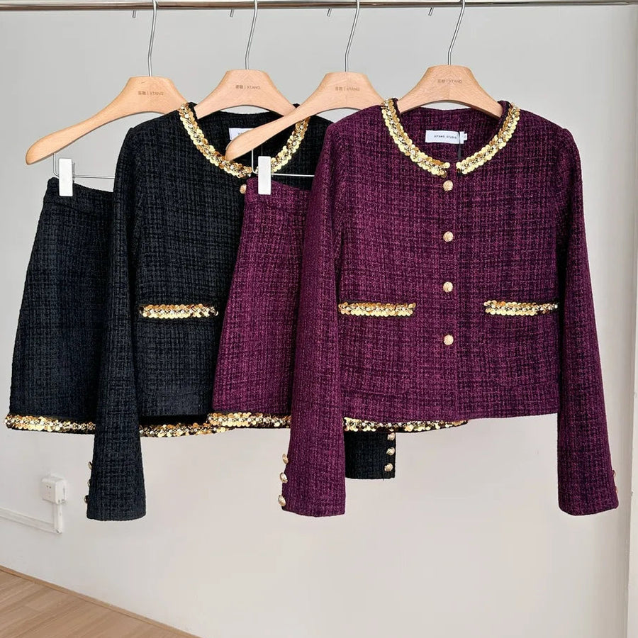 Small fragrance female high-grade single-breasted short coat temperament high-waist skirt two-piece