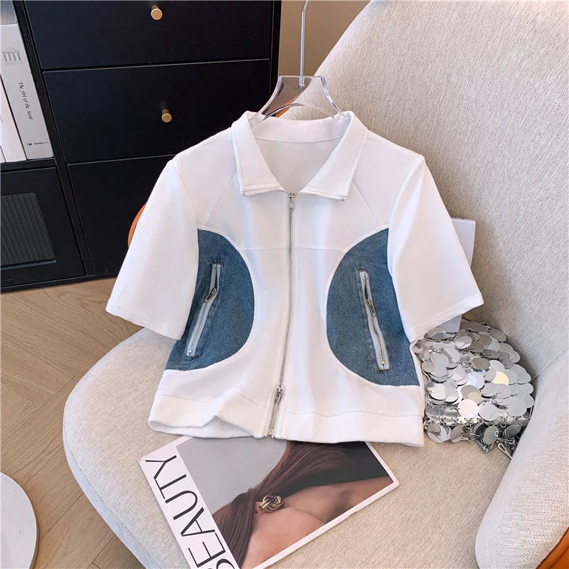 2024 Summer New Stitched Zipper T-shirt top Female Set Elegant Women's Jeans Casual Blouse Two Piece Set Ladies Tracksuits big