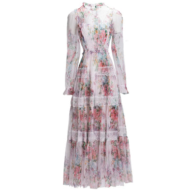 High Quality Tiered Lace Long Sleeve Floral Round Neck Dress