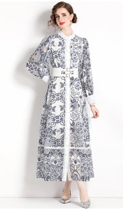 Printed Lace Long Maxi Dress, Long Lantern Sleeves Belted Single Breasted High Quality