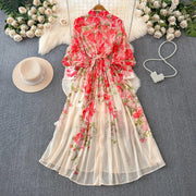 Sweet Print Lace Up French Style Femme Robe Stand Collar Lantern Sleeve Slim Fit Mujer Chiffon Ruched High Waist Dresses