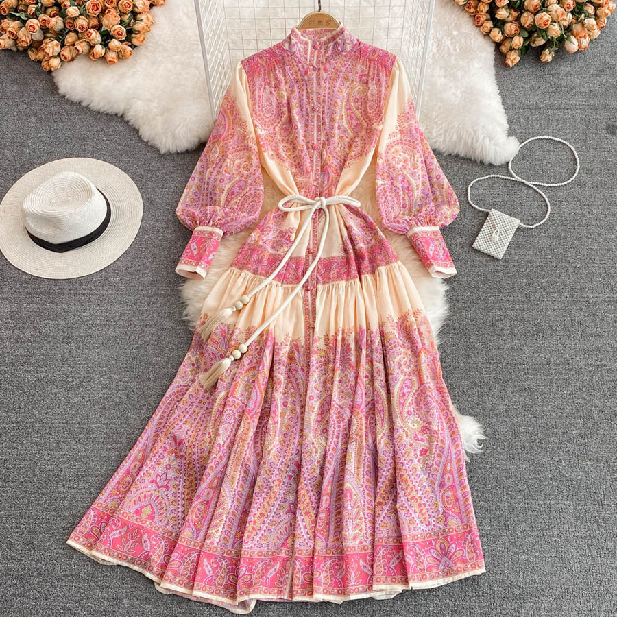 High Quality High Neck Lantern Sleeve Floral Print Dress