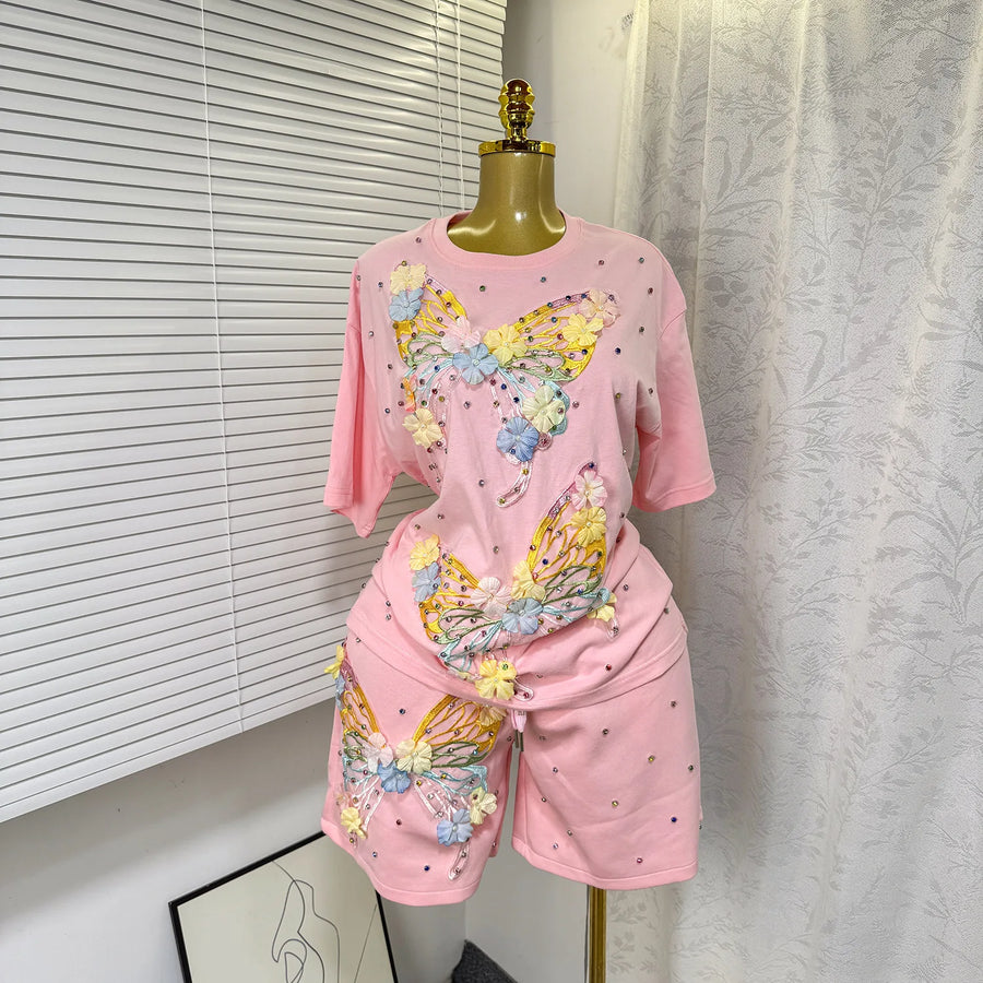 Fashion Butterfly Floral Beading Women's Set T-shirt and Shorts  Summer Active Two 2 Piece Sets Outfit Tracksuit