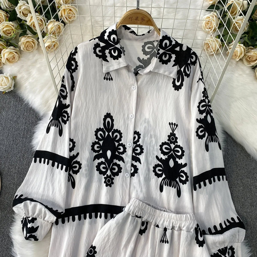 Women Two Piece Skirt Sets Shirt Muslim Suits Shirt Tops Full Sleeve Solid Wide Leg Pant Long Elegant Elastic Waist Summer 2025