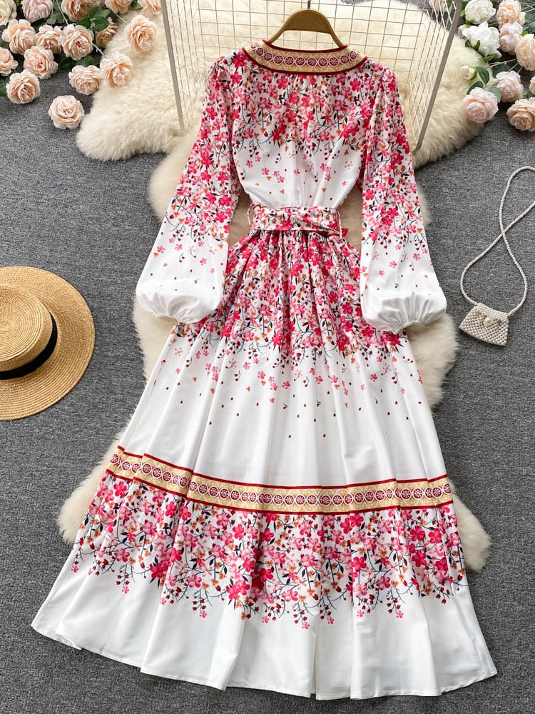 Sweet Style Floral Dress Elegant Lantern Sleeve Bow Lace Up V Neck A Line High Quality