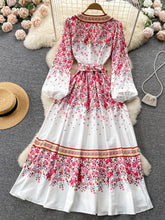 Sweet Style Floral Dress Elegant Lantern Sleeve Bow Lace Up V Neck A Line High Quality