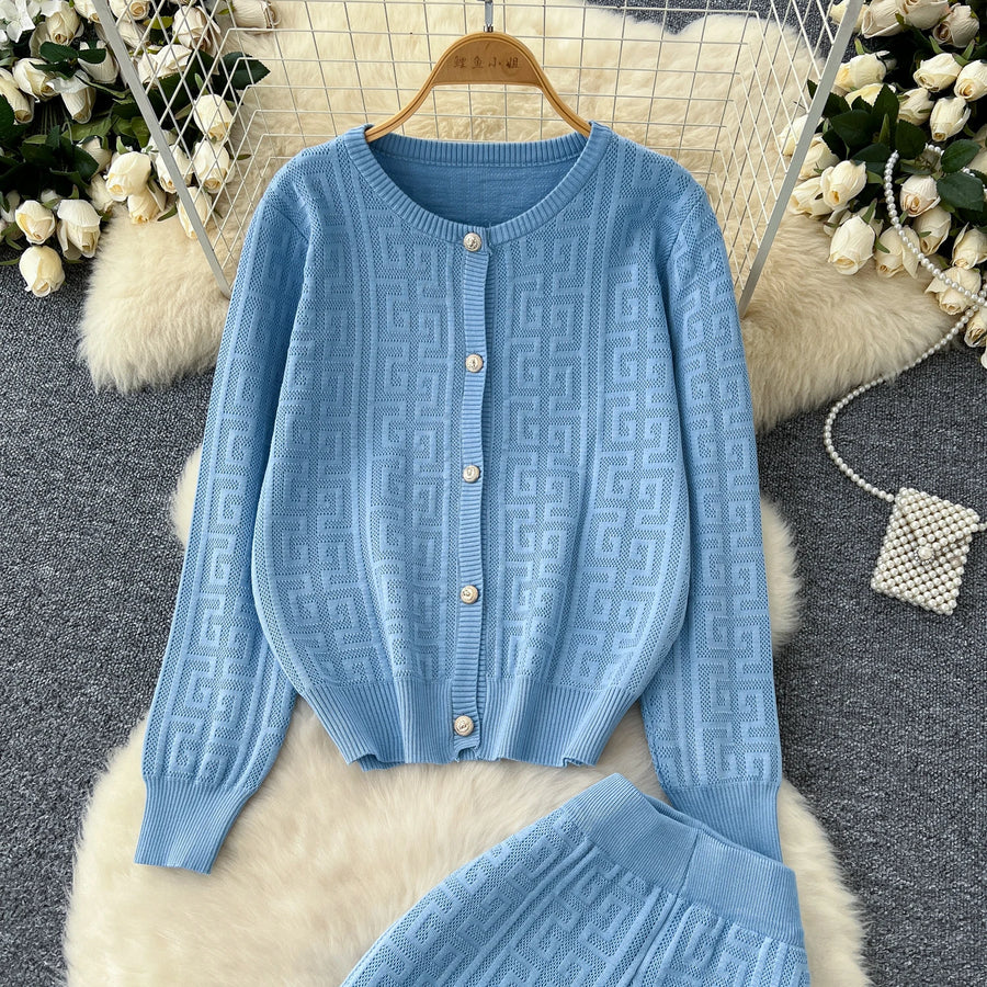 High quality long sleeve cardigan + long elastic pants knitted sets