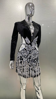 High Quality Luxury Diamond Tassel Openwork Notched Black Mini Dress