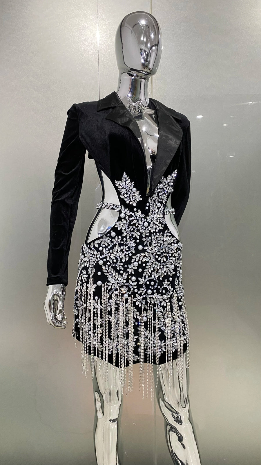 High Quality Luxury Diamond Tassel Openwork Notched Black Mini Dress