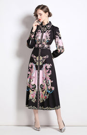 High Quality Flower Print Elegant Belted Long Flare Sleeve Dresses