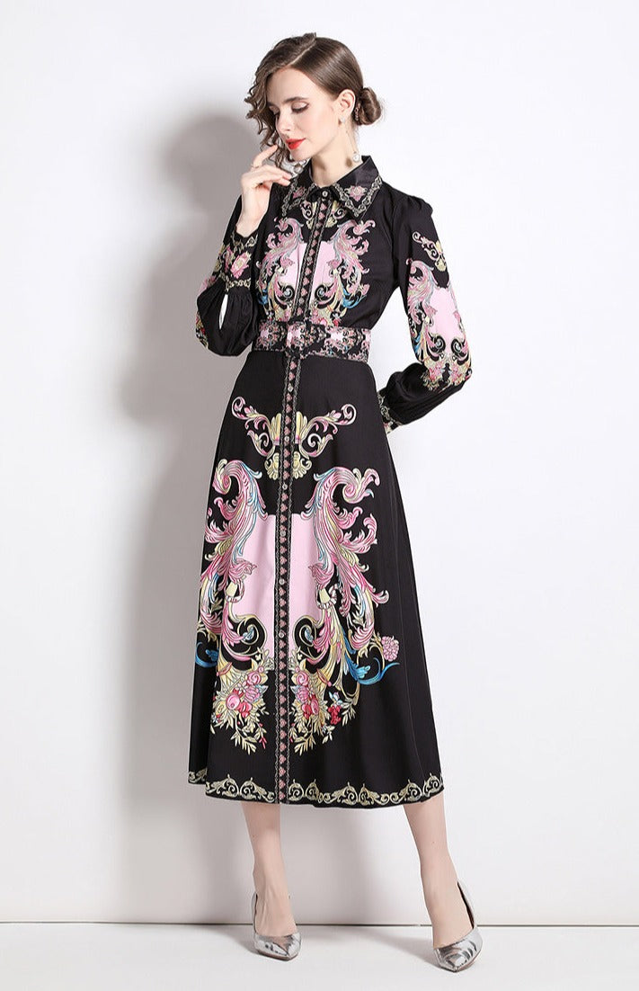 High Quality Flower Print Elegant Belted Long Flare Sleeve Dresses