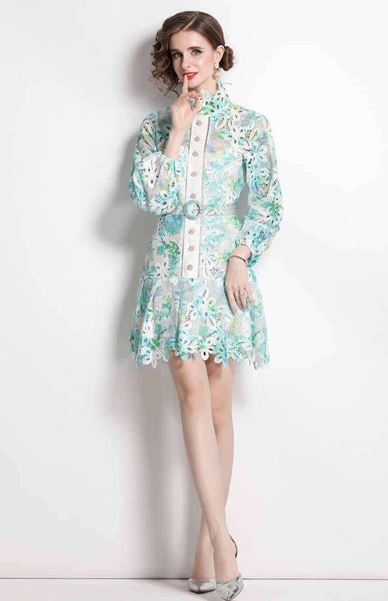 High Quality Belted Hollow Out Button Down Embroidered Long Sleeve Dress