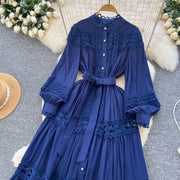 Elegant retro style slit maxi dress with pearl buttons and high-quality crochet embroidery