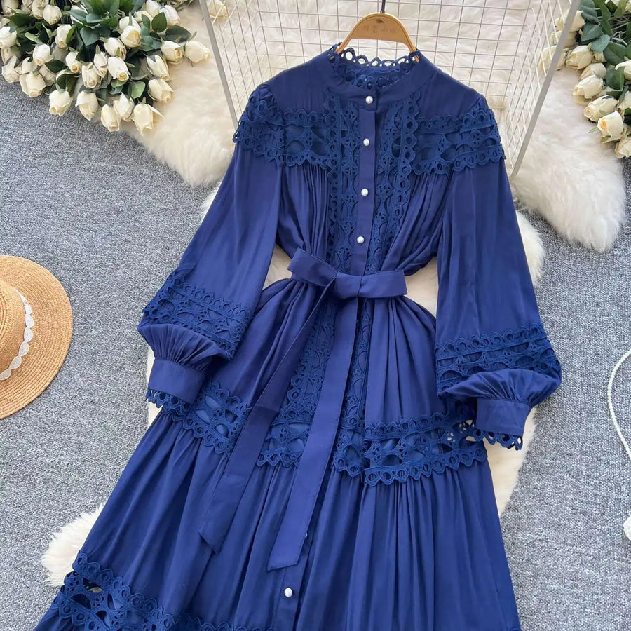 Elegant retro style slit maxi dress with pearl buttons and high-quality crochet embroidery
