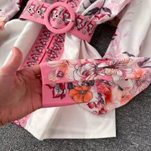 Two Piece Set Floral Print V Neck Flare Long Sleeve Shirt + Belted Pocket Shorts High Quality