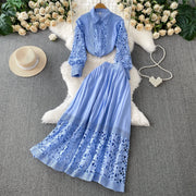 Skirt Sets Women Clothing Temperament Two Piece Set Patchwork Lace Blouses High Waist Hollow Out Long Skirts Suit Summer Outfits