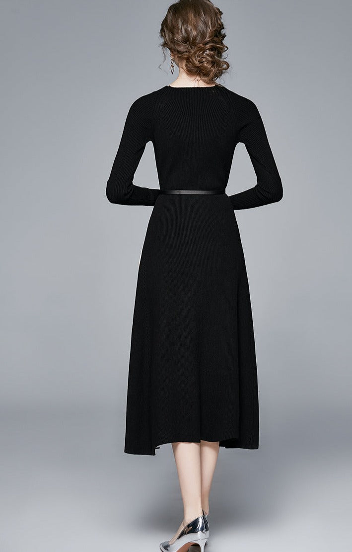 Elegant Black Long Sleeve Pleated Belted Midi Dress High Quality