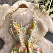 Long dress with open back and sexy A-line cut with high-quality flowers and embroidered lace