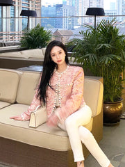 Spring New Women Slim Fit Spliced Tweed Jacket French Style Office Lady Work Outwear Coat O Neck Pockets Crystal Buttons Jacket