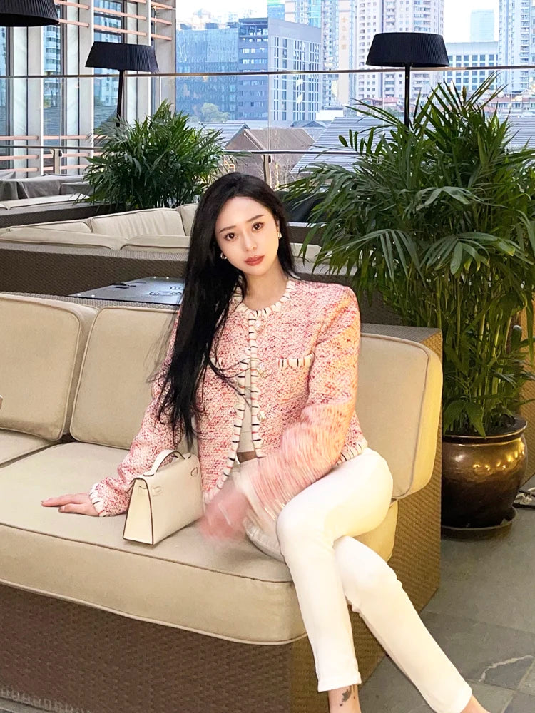 Spring New Women Slim Fit Spliced Tweed Jacket French Style Office Lady Work Outwear Coat O Neck Pockets Crystal Buttons Jacket