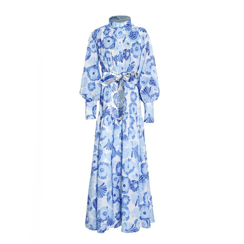 Floral Print Stand Collar Long Sleeve High Waist Slimming One Button High Quality Maxi Dress