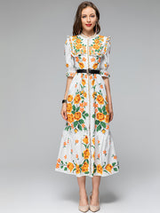 Floral three-quarter sleeve midi dress with high quality belt