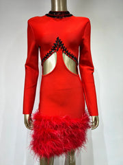 High Quality Feather Beaded Luxury Sexy Long Sleeve Red Bandage Mini Dress