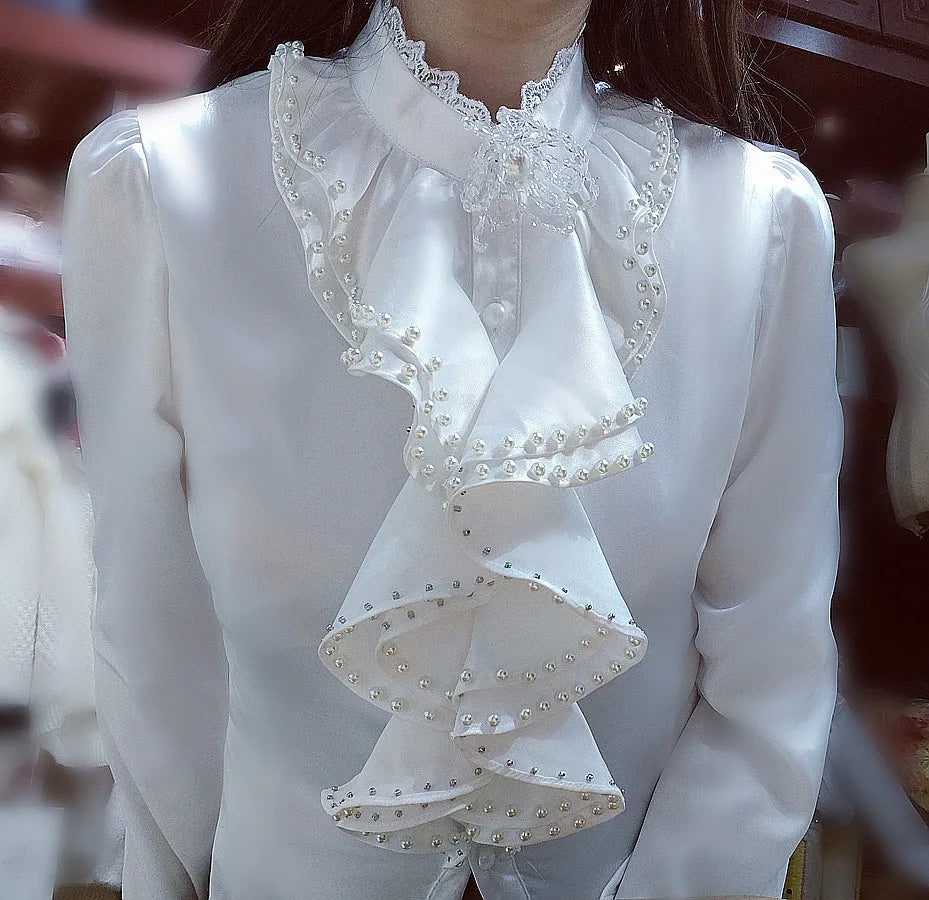 High quality pearl collar long sleeve white shirt