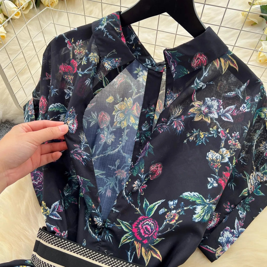 French vintage floral print lapel dress short sleeve high waist belt high quality