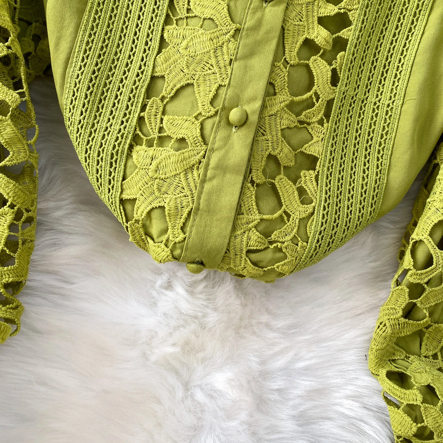 Skirt Sets Women Clothing Temperament Two Piece Set Patchwork Lace Blouses High Waist Hollow Out Long Skirts Suit Summer Outfits
