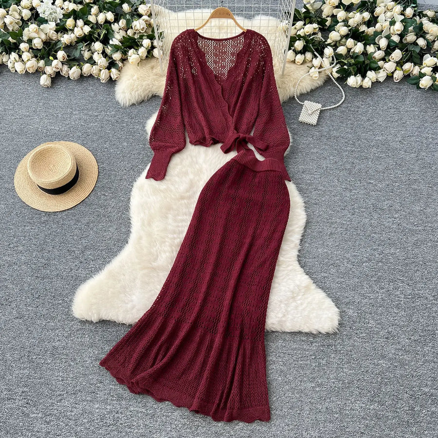 Two Piece Sets Women Skirt Set Full Sleeve Tops Long Skirts A Line High Waist  Streetwear Hollow Out Knit Work Autumn