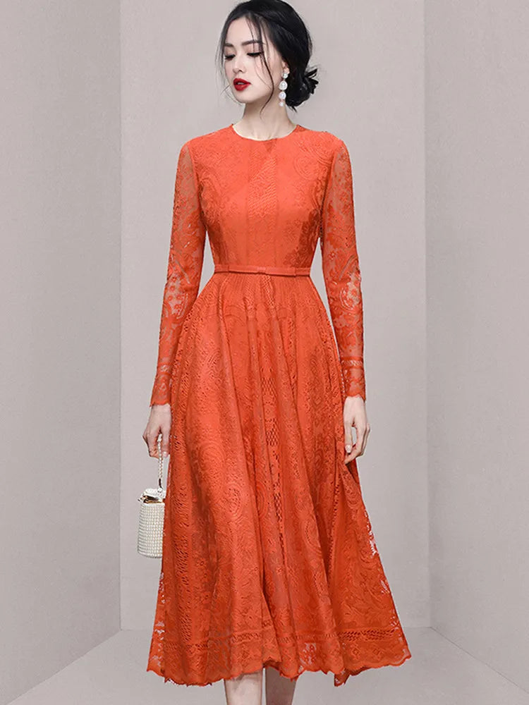 High quality slim waist round neck long sleeve openwork dress ETERNA High quality slim waist round neck long sleeve openwork dress ETERNA