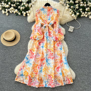 Crochet Lace Embroidery Hollow Out Floral Print Maxi Dress Autumn Women Long Lantern Sleeve Pearl Buttons Up Belt Prom Clothing