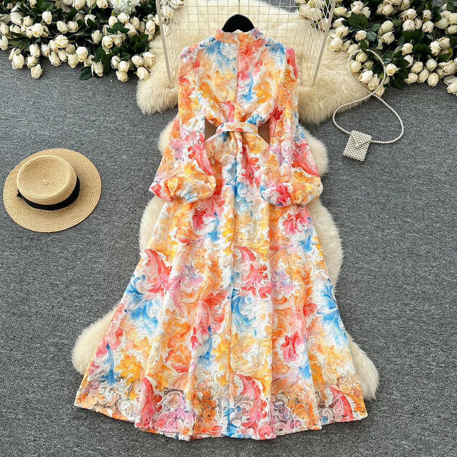 Crochet Lace Embroidery Hollow Out Floral Print Maxi Dress Autumn Women Long Lantern Sleeve Pearl Buttons Up Belt Prom Clothing