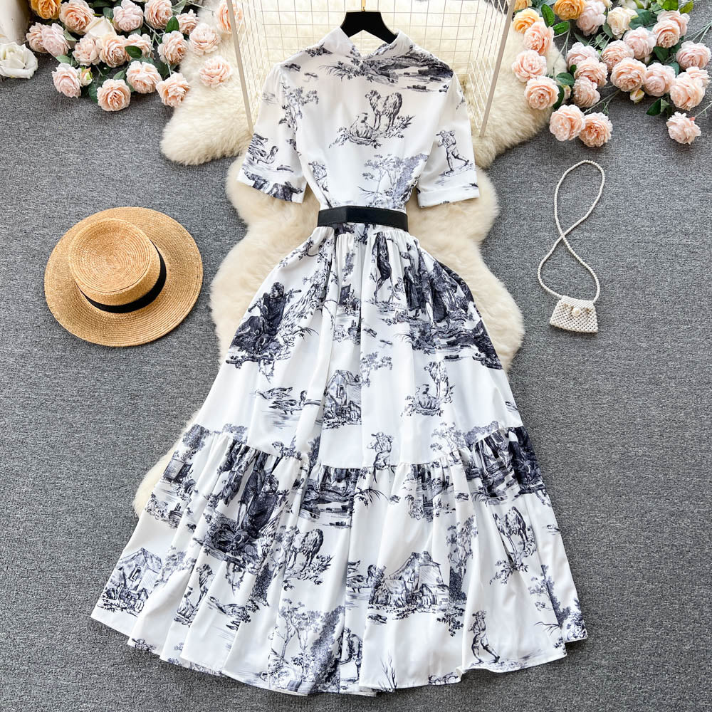 Vintage Turndown Collar Short Sleeve Ink Print High Quality Leather Belt Maxi Dress