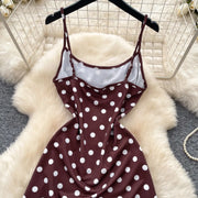 French Fashion Coffee Color Polka Dot Camisole Pure Desire Style Dress Women Summer Sweet High Waist Slim A Line Dress Woman