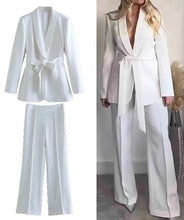 Elegant Solid 2 Piece Set Long Sleeve Belted Jacket Coat + High Waist Zipper Pants High Quality
