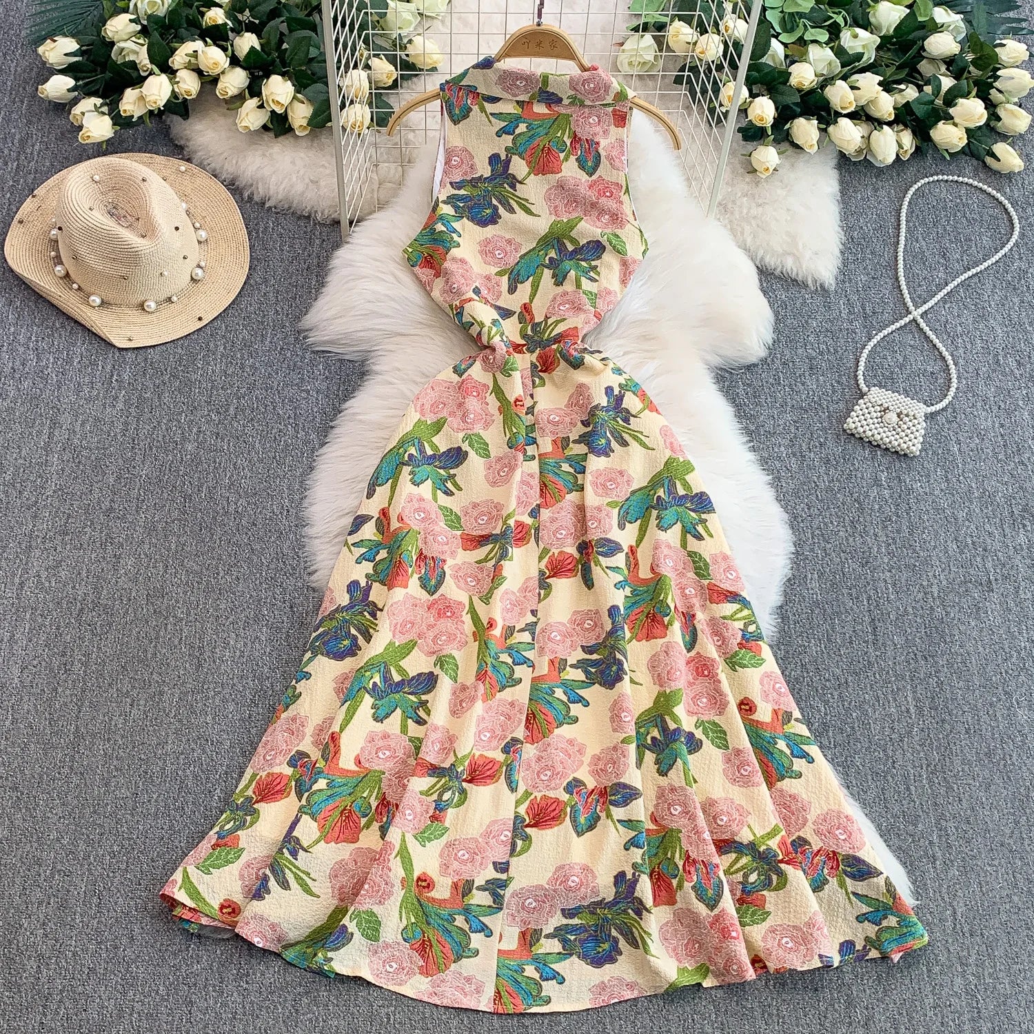 Elegant Vintage Office Long Dress Women Summer V Neck Sleeveless Print Floral Luxury Dress Evening Party Birthday Dresses