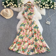 Elegant Vintage Office Long Dress Women Summer V Neck Sleeveless Print Floral Luxury Dress Evening Party Birthday Dresses