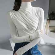 High Quality Solid Color Long Sleeve Pleated Turtleneck Stretch Cotton T-shirt